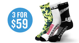 Variety of athletic socks from Highly Tuned Athletes, featuring different lengths and performance-enhancing designs.