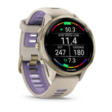 Garmin Forerunner 970 - Soft gold titanium with french grey case and french grey/translucent indigo band