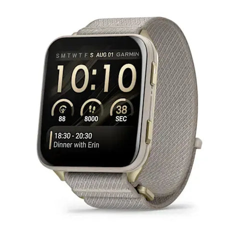 Garmin Venu X1 - Soft Gold with titanium caseback and French Gray nylon band